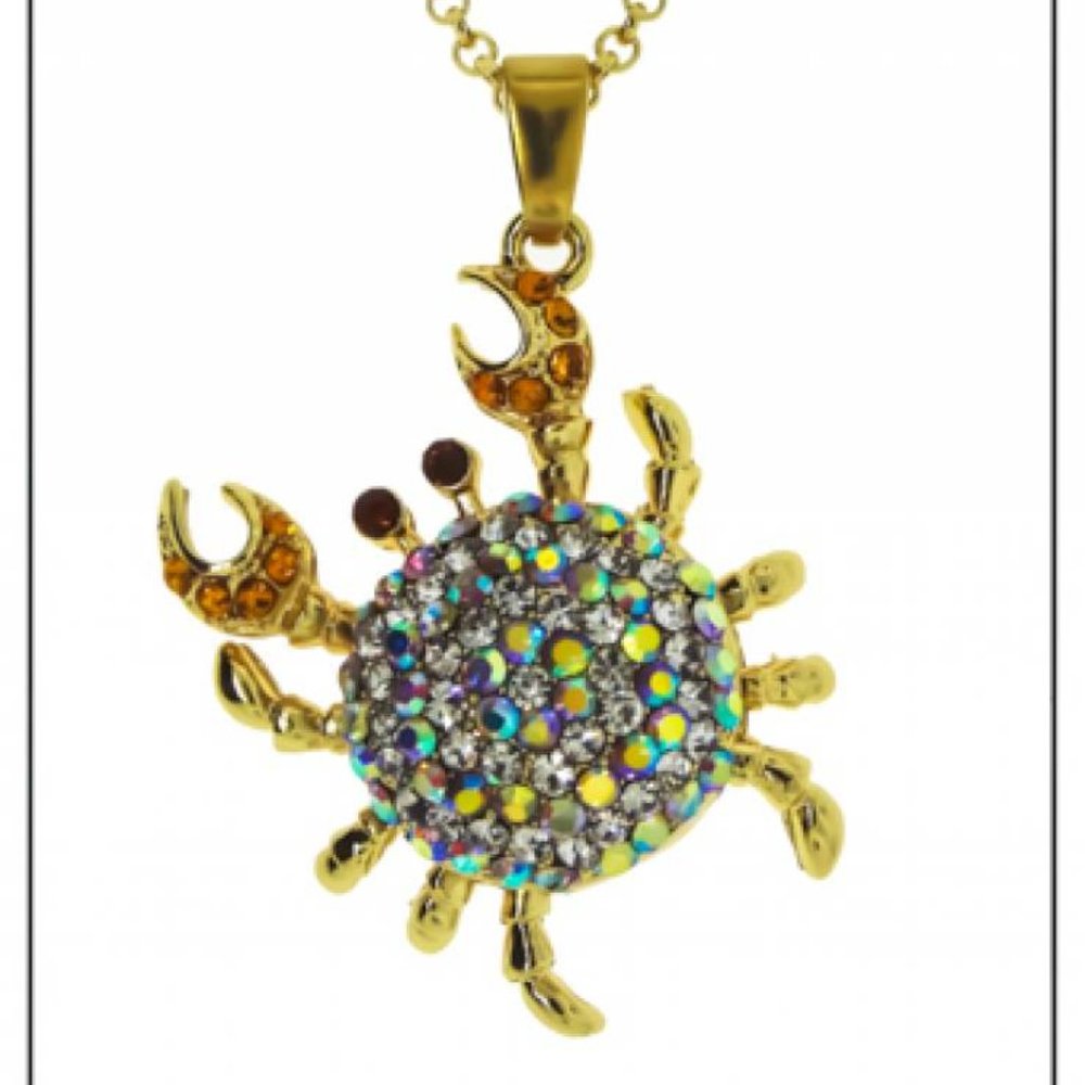 Yellow Gold Rainbow AB Crystal Crab Pendant with chain NWT